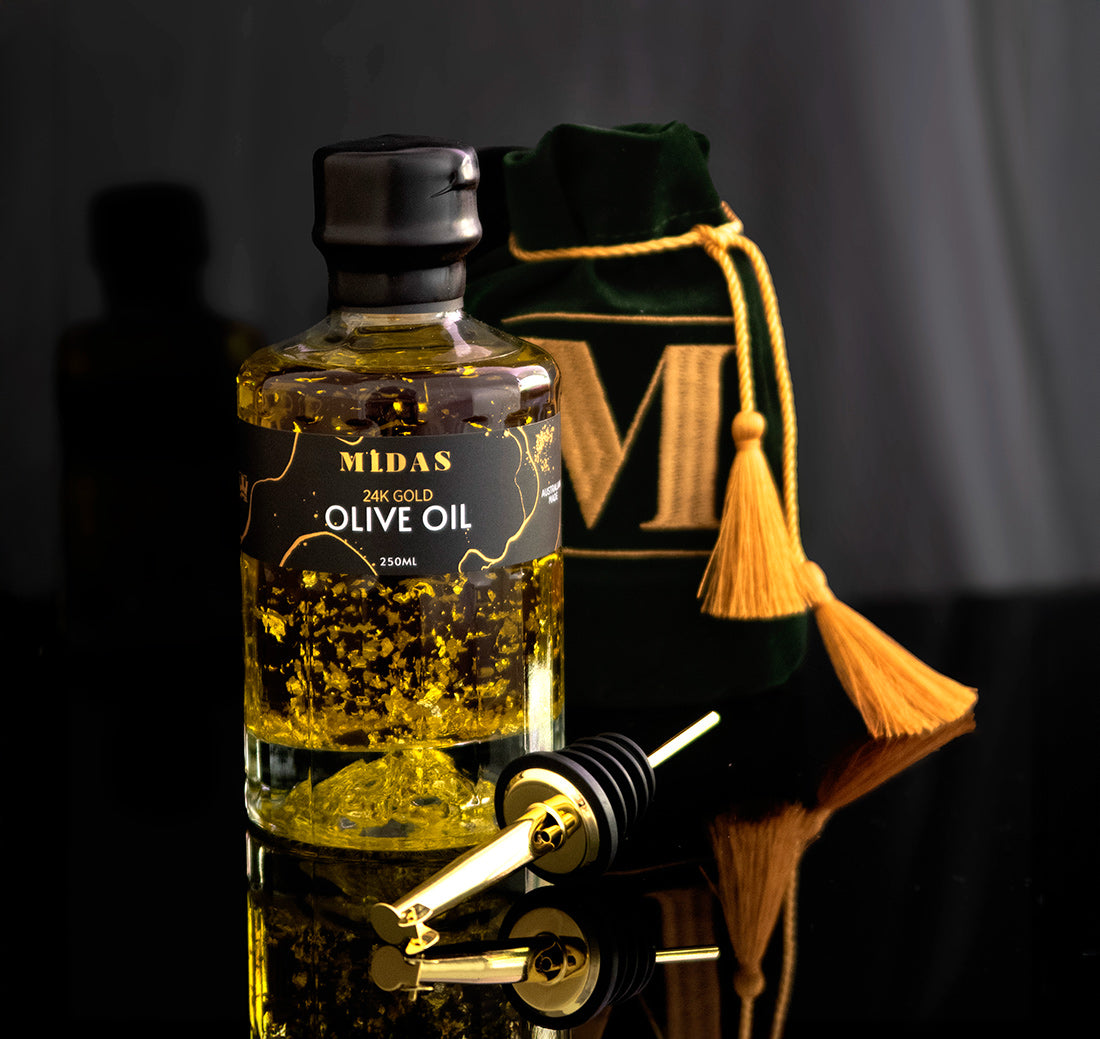 Midas 24K Gold Olive Oil (250mL) with Velvet Pouch & Gold Pourer
